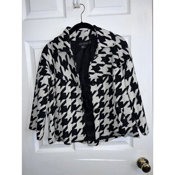 ZARA Collection Houndstooth Print 3/4 Sleeve Flare Cropped Button Jacket - Picture 7 of 9